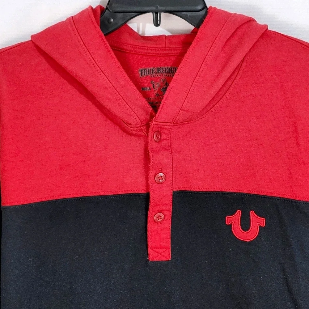 True Religion Henley Hooded Shirt Mens XL Red Black Colorblock‎ Long Sleeve